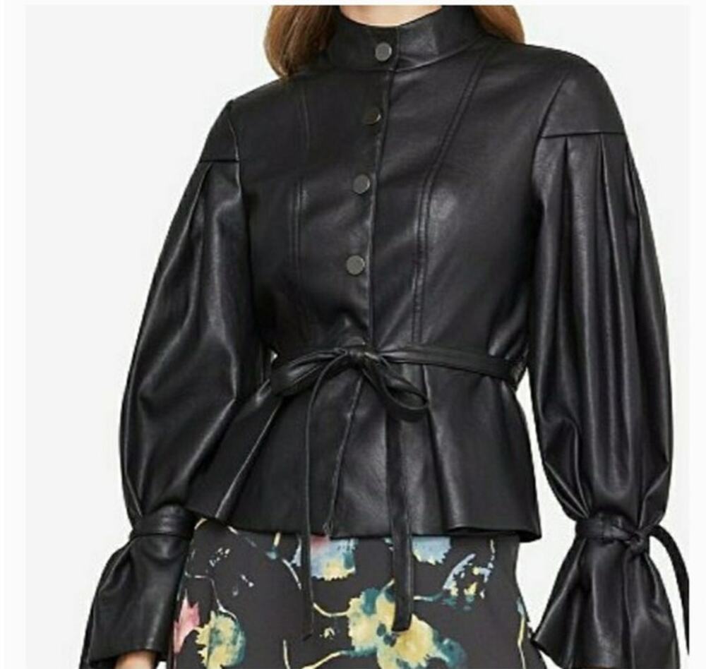 BCBGMAXAZRIA Black Faux Leather Pleated Sleeve Jacket Size Small
